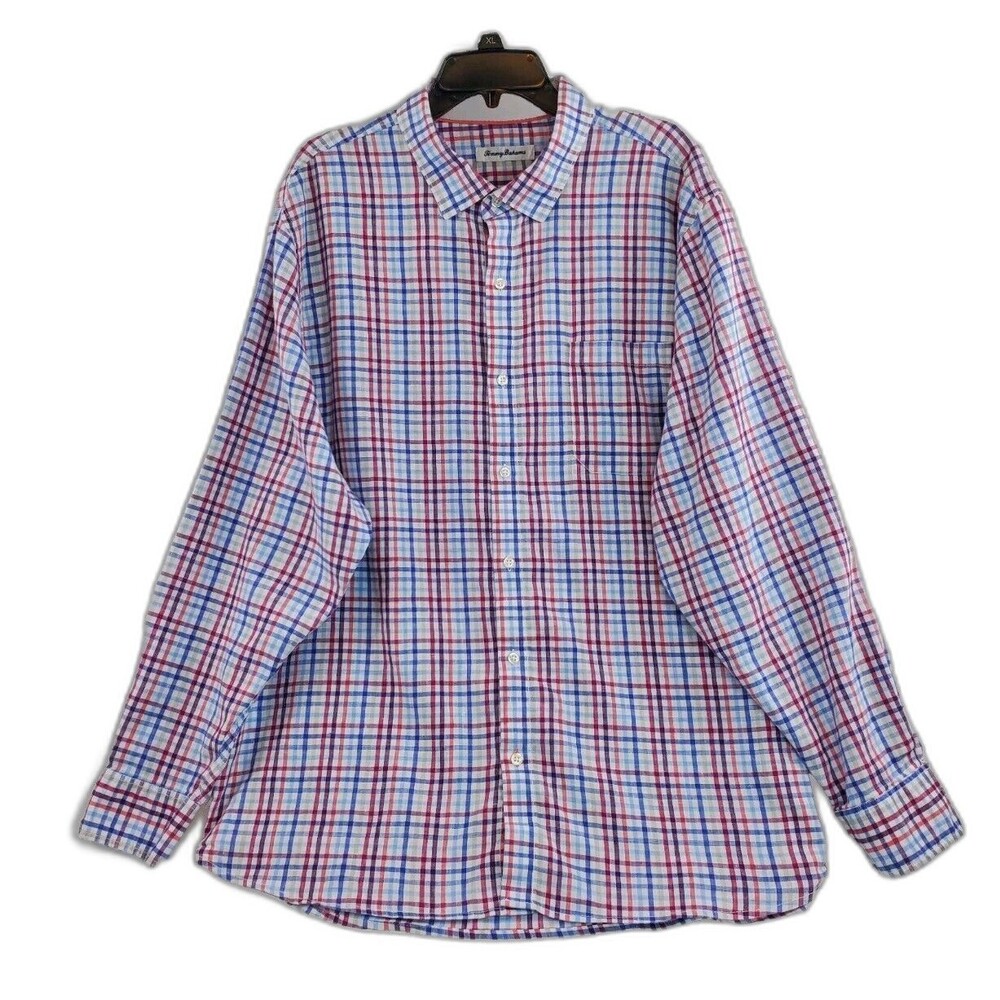 Tommy Bahama Linen Blend Shirt Mens XXL 2XL Plaid Vacation Hawaii Long Sleeve